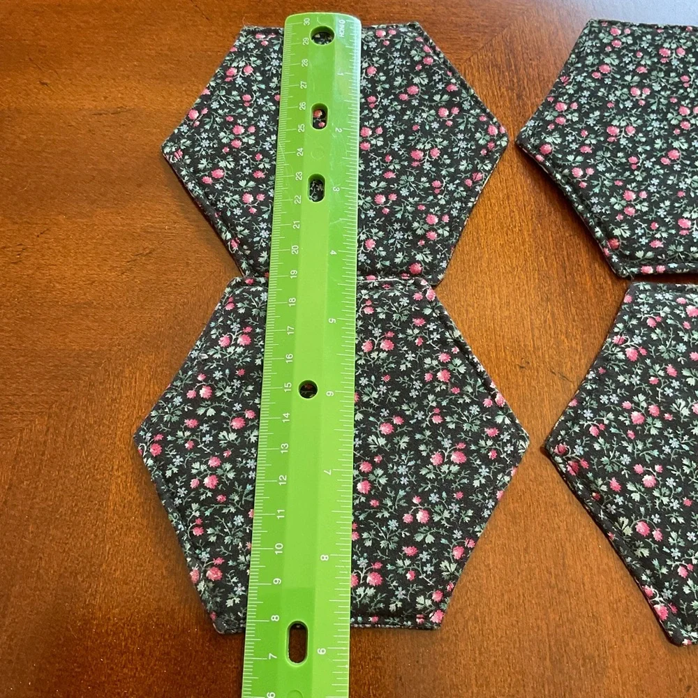Hand Quilted Floral Hexagon Coasters Two Sided Designs, Set of Six, GORGEOUS NEW